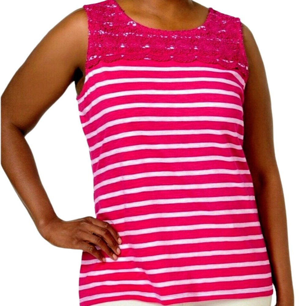 Charter Club Crochet-Yoke Tank Top Pink & White Striped Stretch Knit XL New